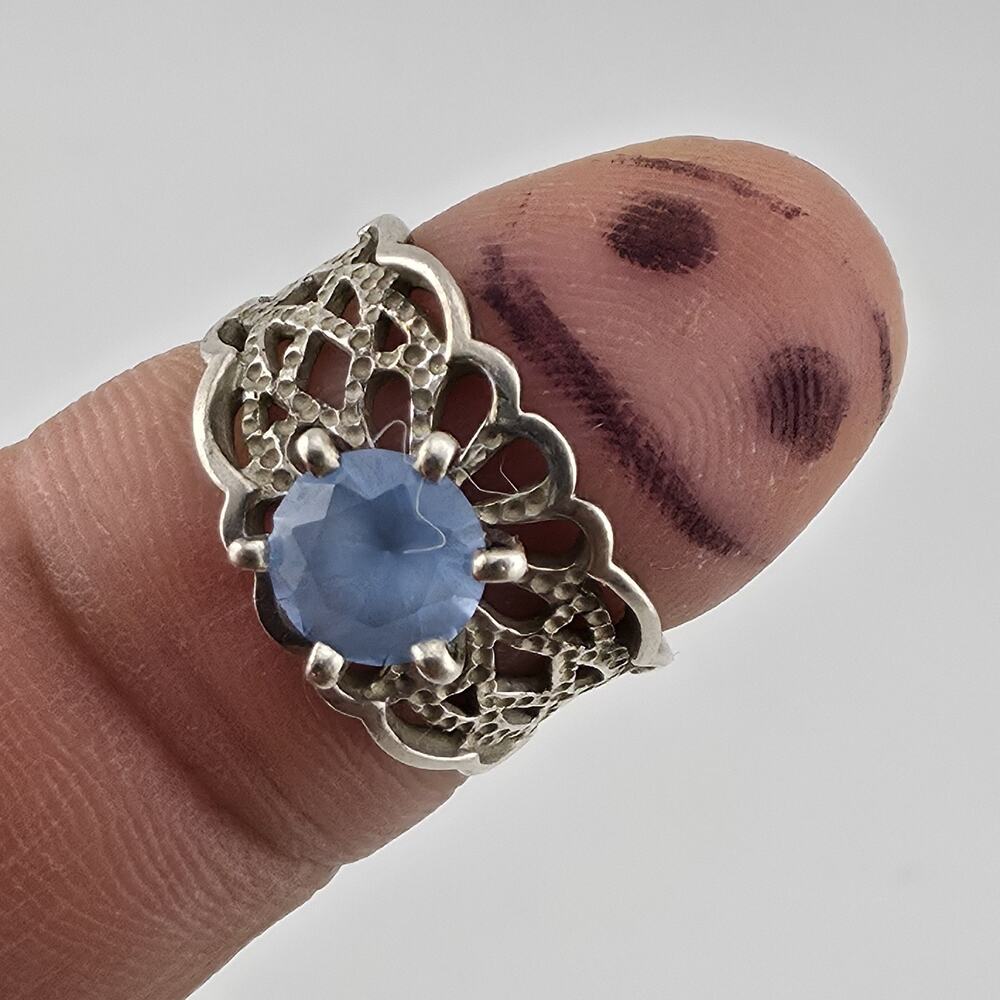 Sterling Silver Filigree Ring Vintage Blue Glass Stone Open Work Jewelry Size 6